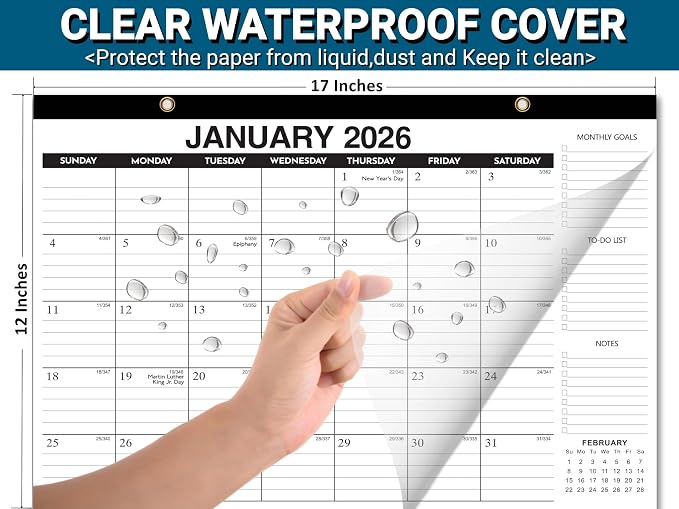 Desk Calendar 2026-2027 - 18-Month Large Desk/Wall Calendar, Through June 2027, 17" x 12", Thick Paper, Large Ruled Blocks, Clear Plastic Cover – Perfect for Home School & Office Organization