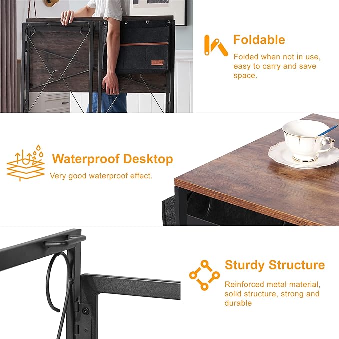 VECELO 39 Inch Folding Desk Simple Assembly Desk, Writing Computer Desk for Home Office Study Office Desk Foldable Table for Small Spaces, Brown