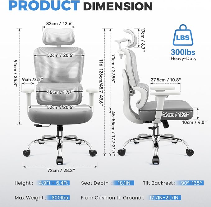 Office Desk Chair, Ergonomic Chairs Comfy with Adjustable Lumbar Support | Zoned Spine Support, Pressure Relief Back Support, Breathable Mesh Computer Chair for Long Workdays, Home Office, Gray