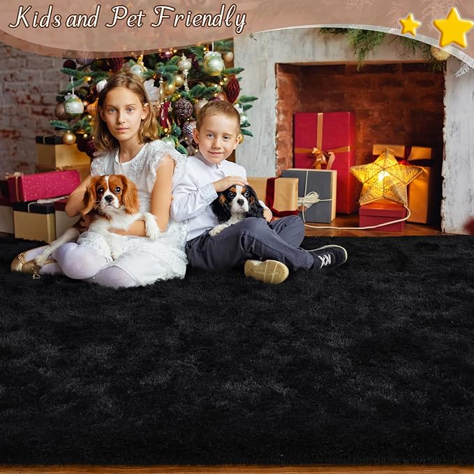 HOMORE Black Rug for Bedroom 4x6 Furry Carpet for Boys Girls Shaggy Fuzzy Rugs for Living Room Non Slip Large Rug for Kids Dorm Home Decor