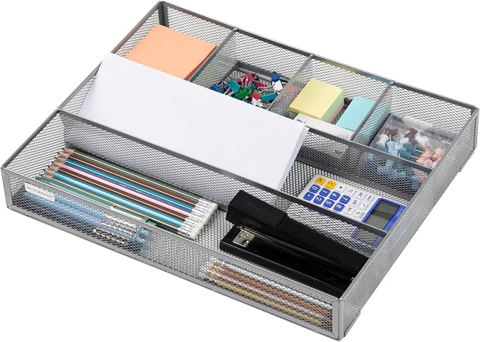 Mind Reader 6-Compartment Drawer Organizer, Metal Mesh Desk Organizer for Office, Kitchen, Utensils, Supplies, Set of 2, Silver