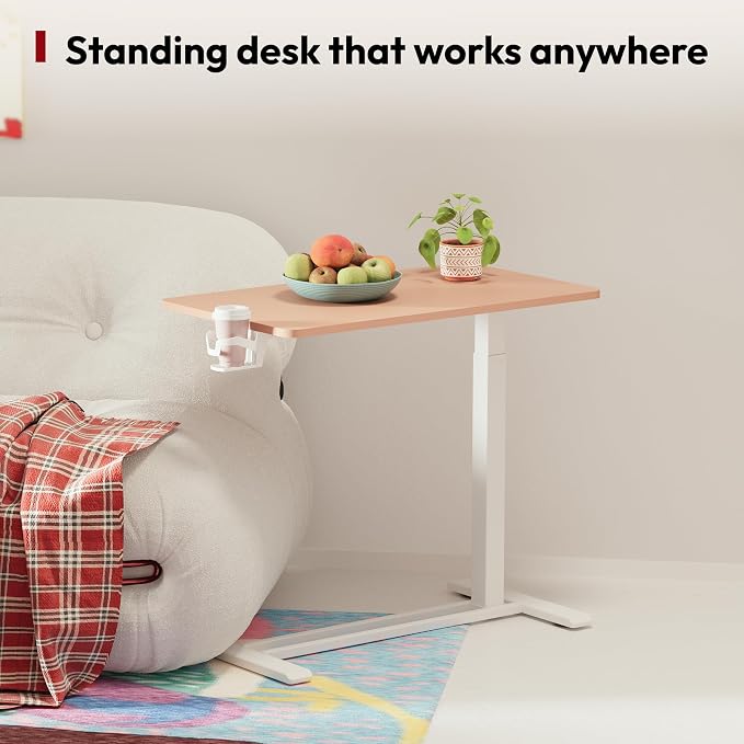 SANODESK 28''Mobile Standing Desk with Hidden Wheels,Pneumatic Laptop Desk | Sofa Computer Cart Movable Height Adjustable Table Small Sit Stand Desk for Home Office Hospital Use,27.6" W x 15.7" D,Pink