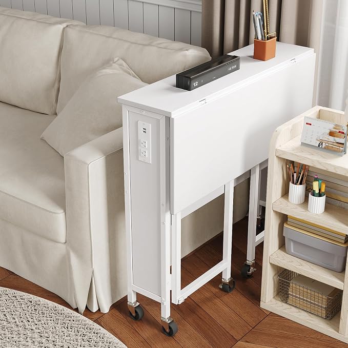 CHOEZON Folding Desk with Power Outlets, 31.5" Rolling Computer Table with Wheels, Portable Office Desk with Storage Shelf for Small Spaces White TDN01UWB