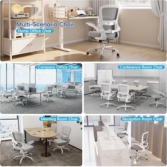 TRALT Ergonomic Office Chair - Desk Chair with Adjustable Lumbar Support Computer Chair - Mesh Comfy Chair with Flip-up Armrests - Gaming Chairs for Adults Home Office (Leather, Grey)
