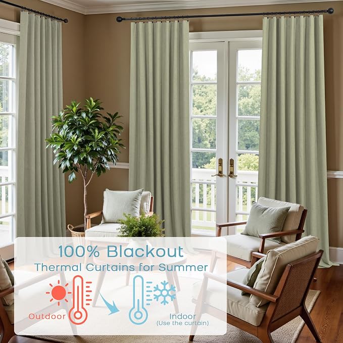 KOUFALL Sage Green Boho Blackout Curtains for Bedroom,French Country Cottage Core 63 Inch Long Black Out Linen Cottagecore Curtains for Living Room 2 Panels Set