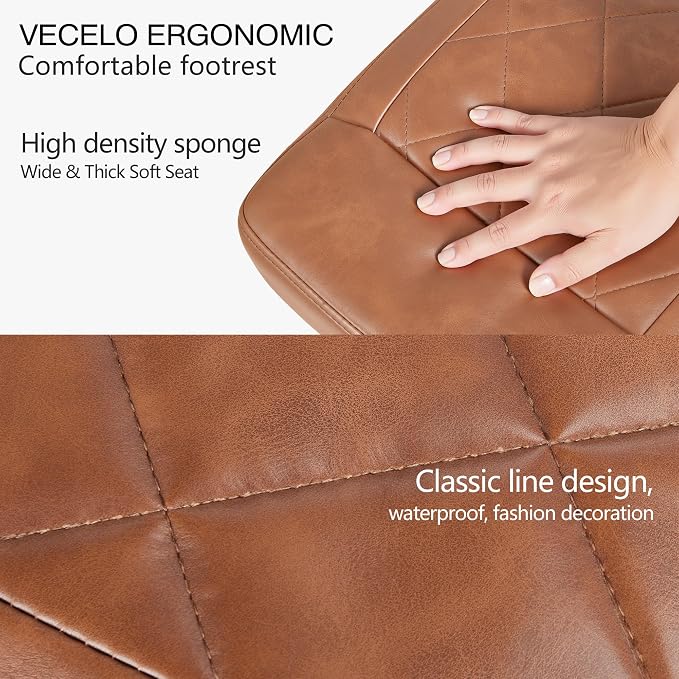 VECELO Under Desk Footrest, PU Ergonomic Foot Rest with Wheels, Comfort Padding, Height Adjustable for Relieving Leg Pain, Stiffness, and etc, Brown