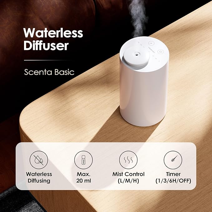 Airversa Waterless Essential Oil Diffuser Starter Kit with 30mL Hotel Fragrance Oil Inspired by BaCRT, Battery Operated Car Diffuser, Portable Aroma Nebulizer for Home Car Office, AN6Kit-4, White