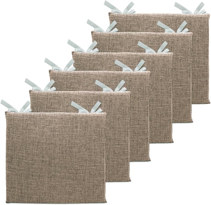 Lifup 6 Pack Chair Cushion Memory Foam Pads, Square Non-Slip Thick Dining Chair Cushions with Ties and Removable Cover for Home Office Restaurant Chair Pads Brown 16 x 16 Inch