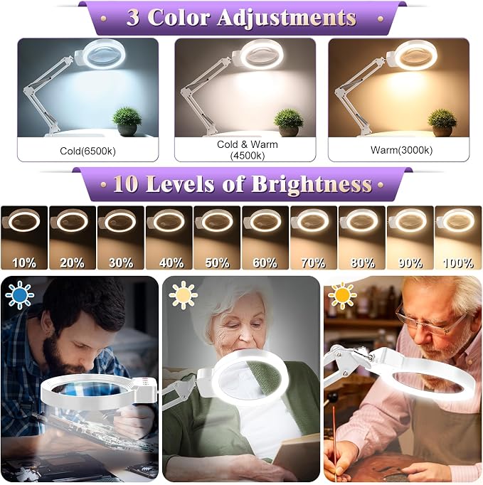 10X 30X Large Magnifying Glass with Light and Stand, 5-inch Lighted Magnifier, 72 LED 3 Color Modes Stepless Dimmable, Hands-Free Magnifying Glass Desk Lamp for Reading Craft Hobby Close Work White