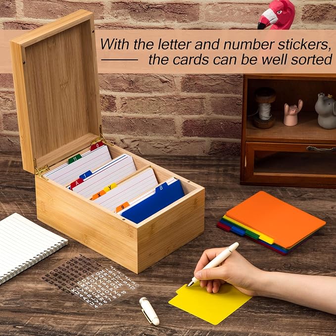 4 x 6 Inch Index Card Holder Set, Bamboo Organizer Box with 50 Dividers & 2 Sheets Alphabet Number Stickers File Note Holders, Holds 1200 Cards for Office Business Home Kitchen, Wooden Color