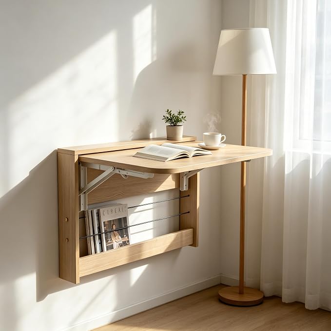 Folding Wall Table, Fold Down Table Wall Mounted, Floating Desk for Wall, Functional Hanging Desk for Home Office Workstation, Laundry Room, Kitchen Dining (24.8 * 16.3inch, Wood Color)