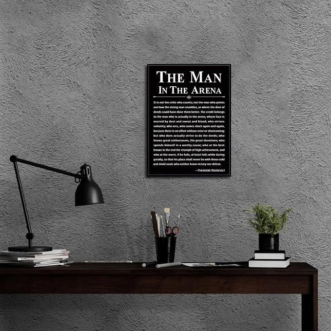 Howwii Office Wall Art Inspirational Decor The Man in the Arena Framed 12’’x16’’ Motivational Positive Quote Print Canvas Wall Decor Gift for Men&Women (Black)