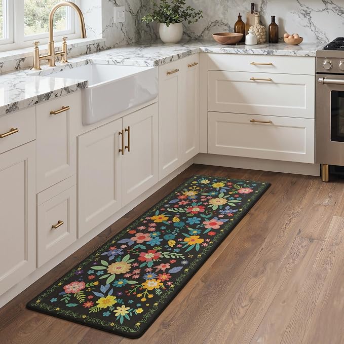 GENIMO Anti Fatigue Kitchen Runner Mats for Floor, Cushioned Standing Mats | 23"x71" , Black vintage floral rug set, waterproof, non slip, easy-clean for farmhouse
