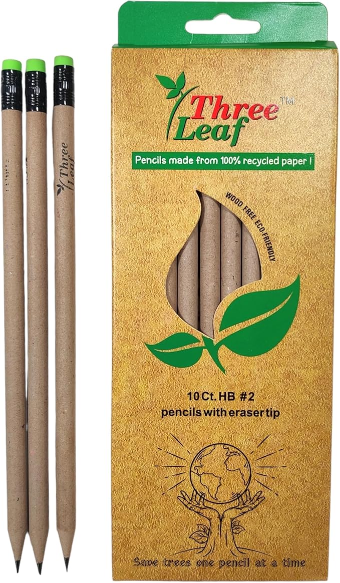 three leaf Recycled Paper Pencils (Pack of 10) - 100% Eco Friendly, Earth Friendly Pencil with Latex Free Eraser - Non toxic Wood free Pencil, 2 HB