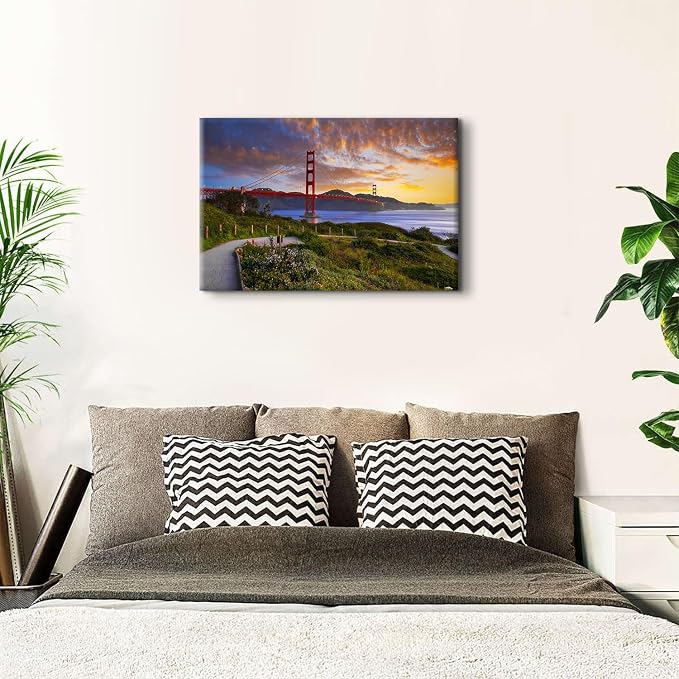 Famous Cityscape Canvas Wall Art Red Golden Gate Bridge Picture Bedroom Wall Decor Modern Urban Landmark Photography Poster Prints Painting Framed Artwork for Living Room Office Home Decoration 24x36"