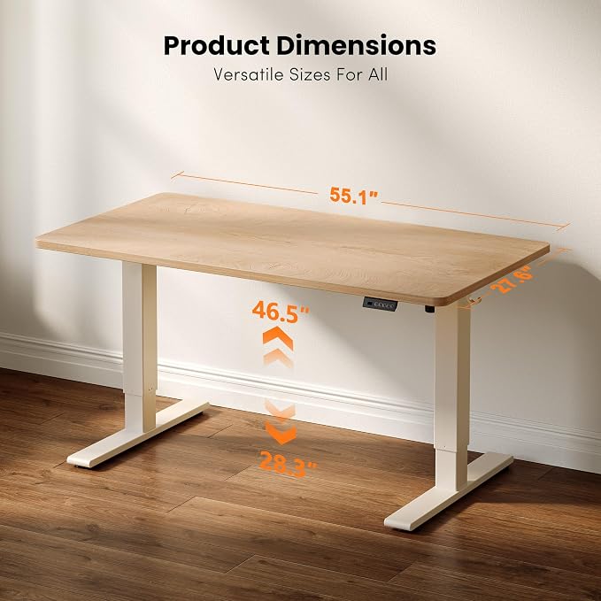 CubiCubi 55 x 28 Inch Large One-Piece Standing Desk, Adjustable Height Electric Computer Home Office Sit Stand up Whole Board Workstation, with Memory Presets, Headphone Hook, Maple