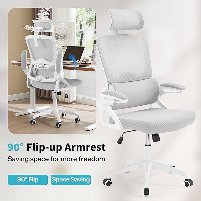 Ergonomic Office Chair,Mesh Office Chair with Lumbar Support,High Back Desk Chair with Flip-up Arms,400 lbs Big and Tall Computer Chair with Headrest,Comfy Desk Chairs (Light Grey)