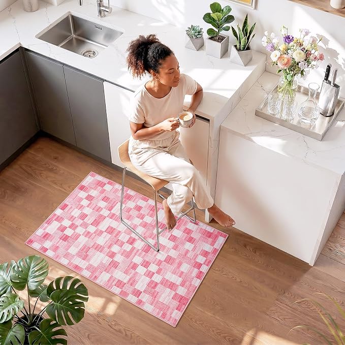 Terrug Pink Checkered Rug for Entryway, 2x3 Small Area Rugs Washable with Non Slip for Kitchen, Soft Low Pile Abstract Carpet for Home Office Front Door Porch