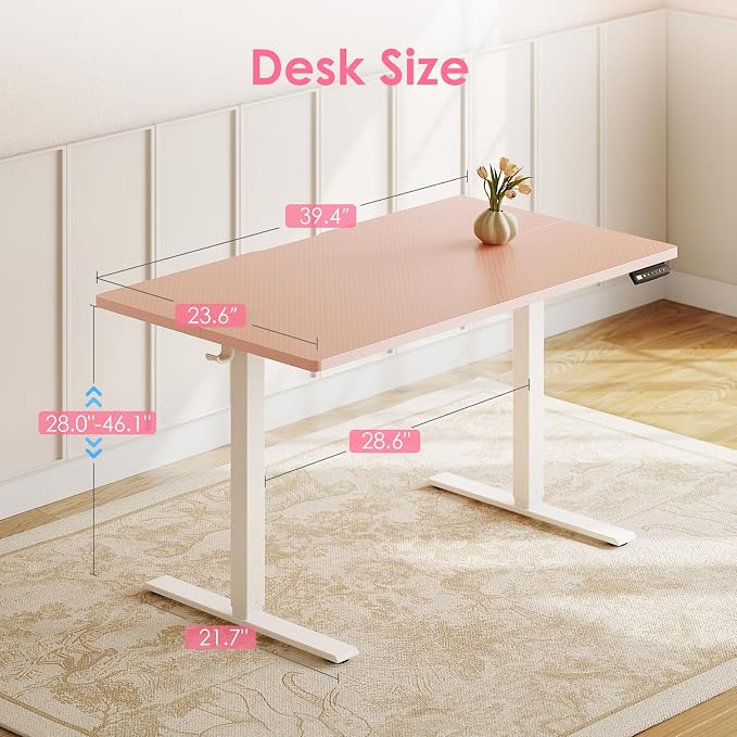 OffiGo 40" Pink Electric Standing Desk Height Adjustable for Home Office | 3 Memory Presets, Rear Cable Notch, Dual Side Hooks, Stand Up Desk for Bedroom, Study room, Home Office and Vanity Space