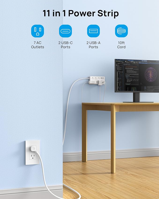 TROND Surge Protector Power Strip 10ft, ETL Listed, Flat Plug Long Extension Cord with 2 USB A and 2 USB C, 7 Widely-Spaced Outlets, Wall Mountable, 1700 Joules, White