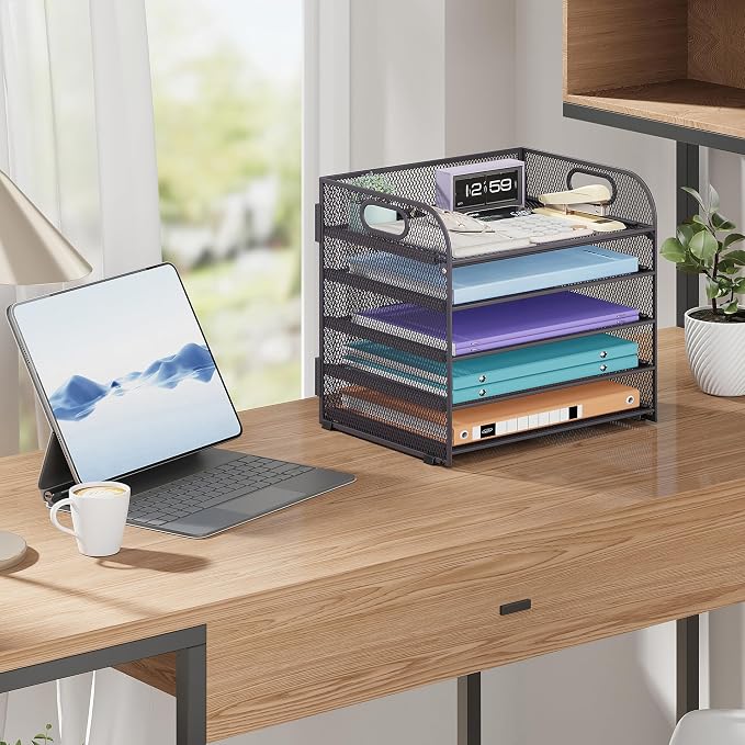 Cawukege 5 Tier Paper Organizer with Handle, Grey Metal Mesh Desk Organizer File Folder Paper Letter Tray Desktop Document Sorter for Classroom, School, Office Accessories Organization and Storage