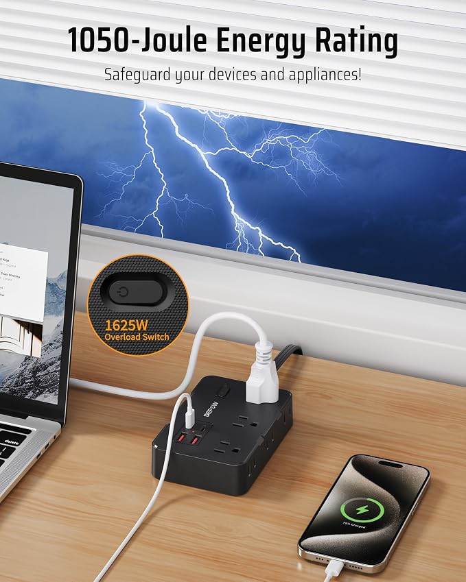 DEPOW Surge Protector Power Strip with Flat Plug, 5 FT Extension Cord with 6 AC Outlets 4 USB Ports(2 USB-C),1050J Surge Protection, Wall Mountable Charging Station for Office, Home, Black