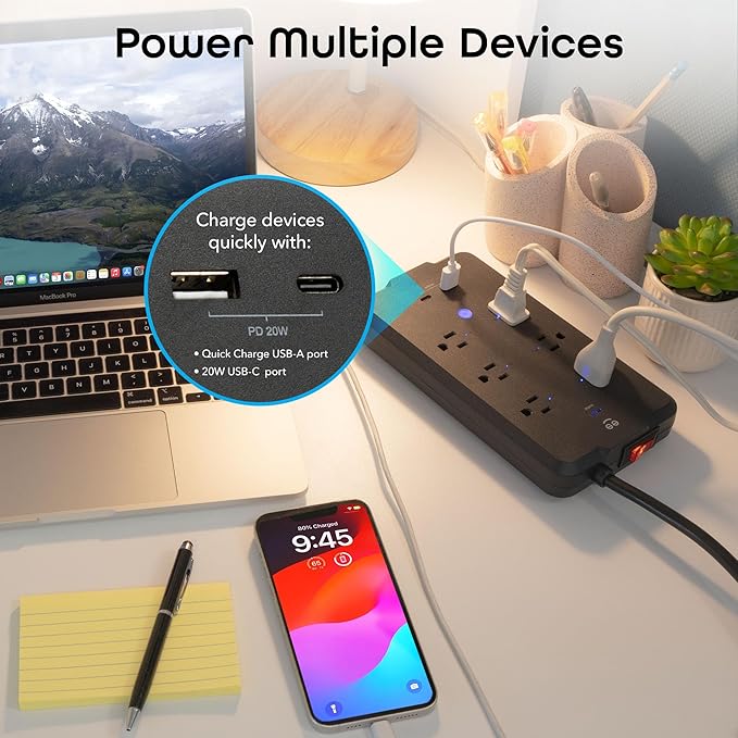 Geeni Smart Plug Power Strip, 6 Outlets and 2 USB Ports, 6 ft. Cord, Surge Protector with Voice Control, WiFi Control, Compatible with Alexa & Google Home, No Hub Required, Black