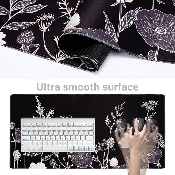 MOSISO Keyboard Mouse Pad Set, Large Gaming Mouse Pad&Keyboard Wrist Rest&Mouse Wrist Rest&Coaster, Ergonomic Non-Slip Retro Flower Floral Mousepad with Raised Memory Foam for Home Office, Black