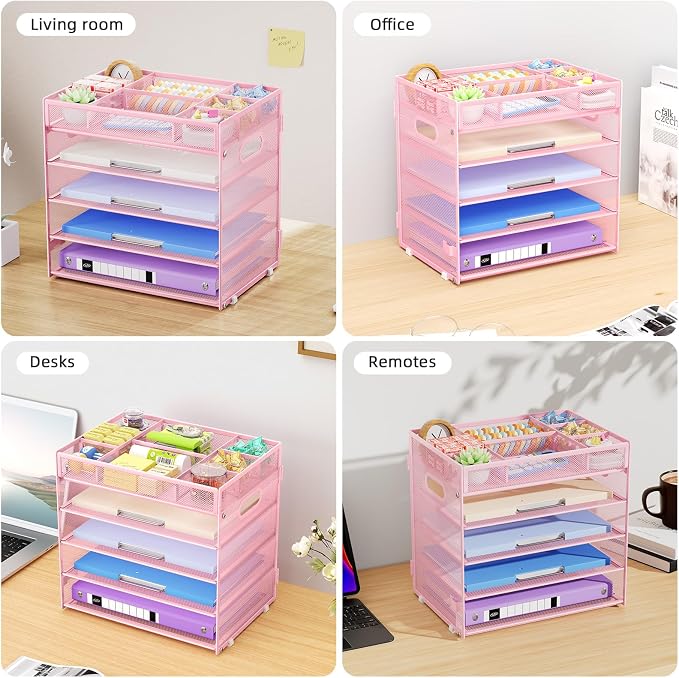 Marbrasse 5 Tier Paper Organizer, Mesh Desk Letter Tray with Handle,Pink | Paper Sorter Desk Organizer for Letter/A4 Office File Folder Holder Home Office Supplies