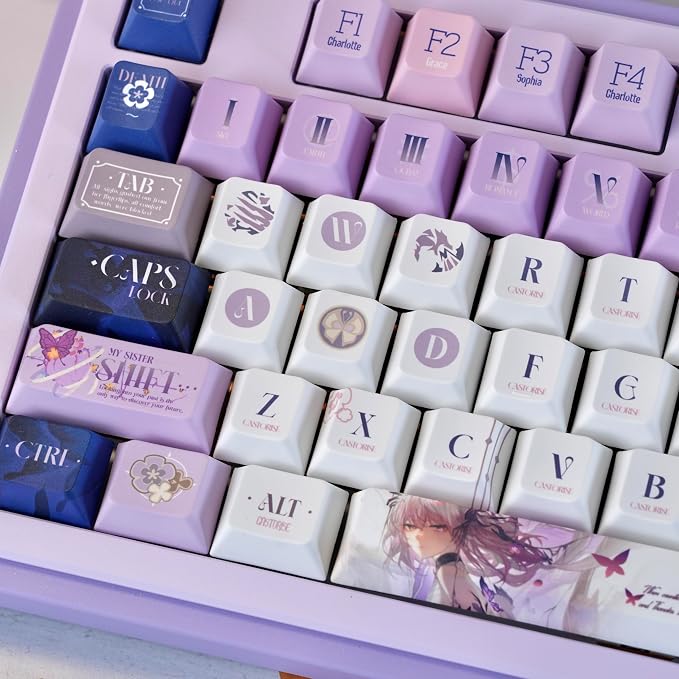 PBT Custom Keycaps 130 Keys, Japanese Anime Purple Keycaps Cherry Profile Dye Sublimation Keycap, Manga Style Key Cap Set for 60% 65% 75% TKL 100% Mechanical Keyboard