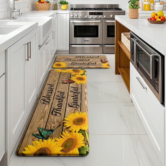 Farmhouse Sunflower Kitchen Decor Mat, Cushioned Anti Fatigue | Farmhouse Kitchen Decor,Cushioned Comfort,Non-Slip Backing,Waterproof Surface,Easy Clean,Kitchen Sink,Laundry