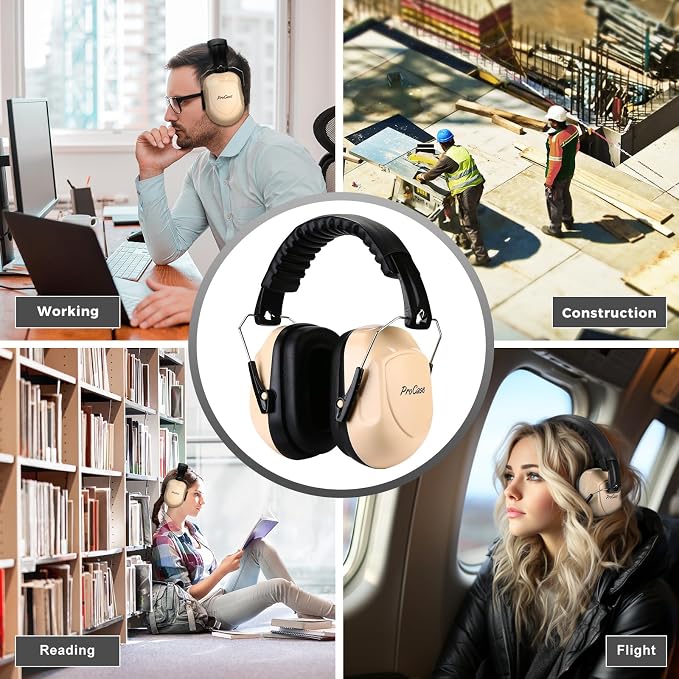 ProCase NRR 28dB Noise Reduction Ear Muffs, Foldable Adjustable Passive Noise Cancelling Headphones for Adults Kids Autism, Hearing Protection for Shooting, Construction, Mowing, Studying -Beige
