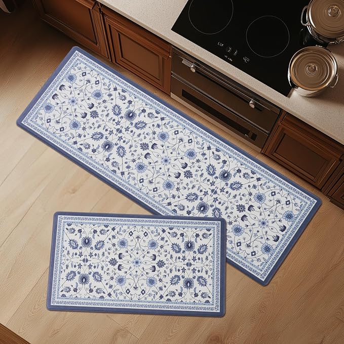 FRESHMINT Vintage Floral Kitchen Mats Set, 17x30''+17x47'', Porcelain Blue | Anti-Fatigue, Non Slip, Comfort, Kitchen Decor, Easy to Clean, Waterproof, Perfect for Kitchen, Laundry, Office