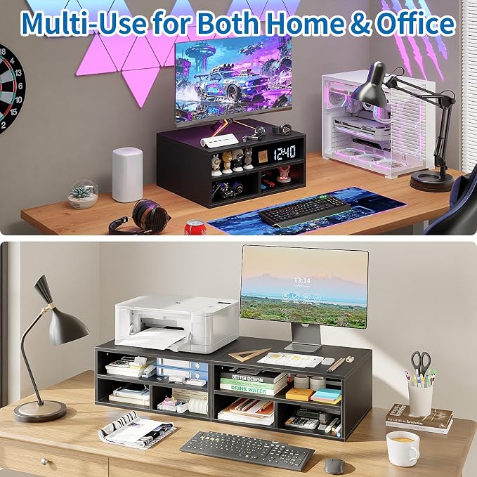 ALISENED Printer Stand for Desk, 2-Tier Wooden Desk Organizer with Adjustable Compartments, Heavy Duty Desktop Stand for Printer Scanner Monitor, Space Saving Office Organization and Storage, Black