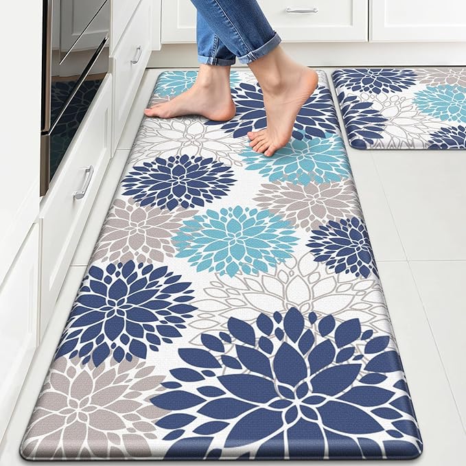 StepLively Kitchen Mats for Floor, 0.47" Anti Fatigue Mats for Floor, Kitchen Decor and Accessories Non Slip Washable Mats Set of 2 for Sink, Laundry, 17.3"×30"+17.3"×59", Blue and White