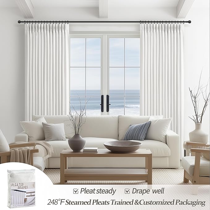Unique Pure White Double Layer Thick Linen Blackout Large 105 Inch Curtains for Office 2 Panels Set, Memory Shape Pinch Pleat Thermal Room Darkening Decorative Windows Curtain & Drapes 8-3/4 FT Length