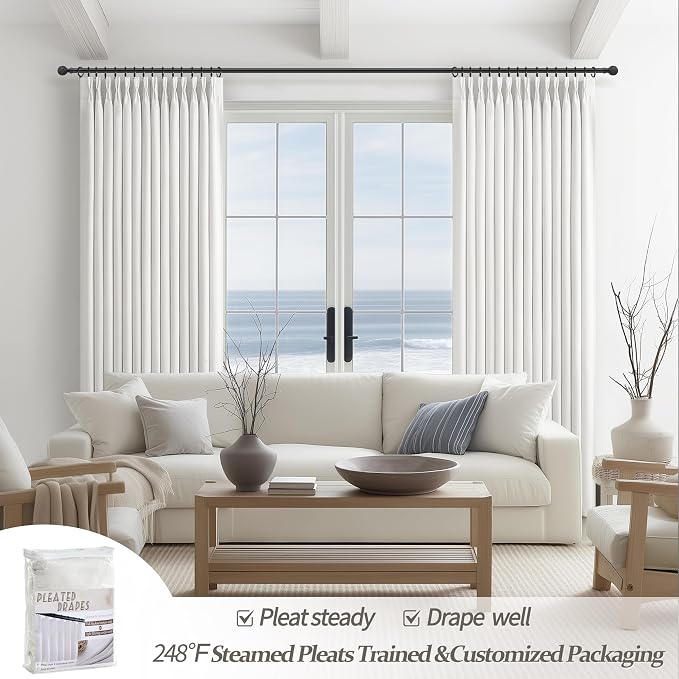 White Black Out Drapes 108 Inches Long 2 Panels for Sliding Glass Doors, Luxury Pinch Pleated 2 Layer Heavy Linen Curtains Heat Blocking Ceiling Track for Office 108 Inch Large Window Burg Lush Decor