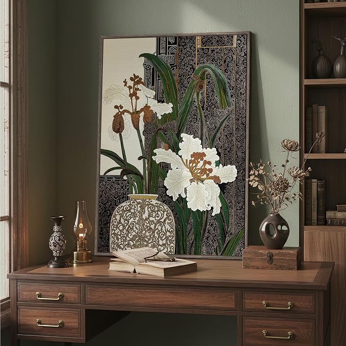 Framed Vertical Vintage Botanical Wall Art, Retro Zen Chinoiserie White Floral Canvas, Antique Asian Chinese Peony Painting Prints for Living Room Bedroom Office Hallway Entryway Wall Decor, 24x36