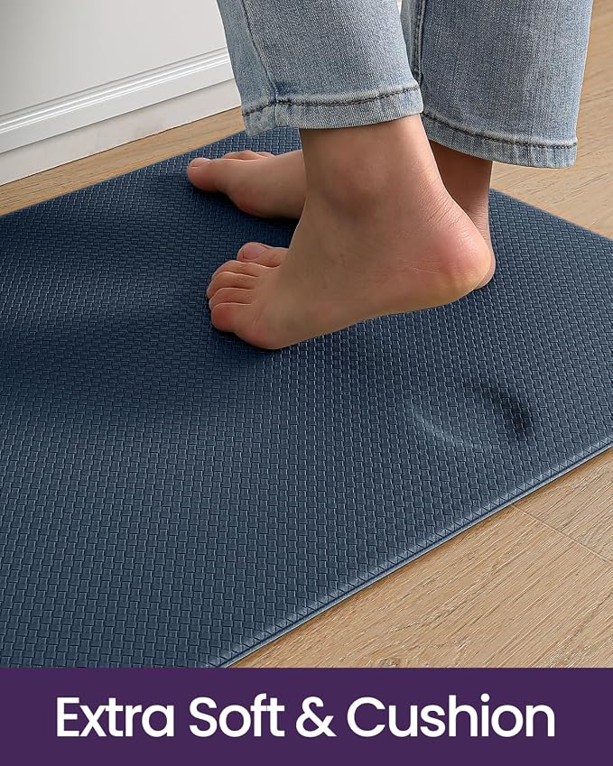 DEXI Kitchen Floor Mats Cushioned Anti Fatigue,17x29+17x59, Standing Runner Rug Waterproof, Comfort Memory Foam Padded for Front Sink Laundry Set of 2, Navy