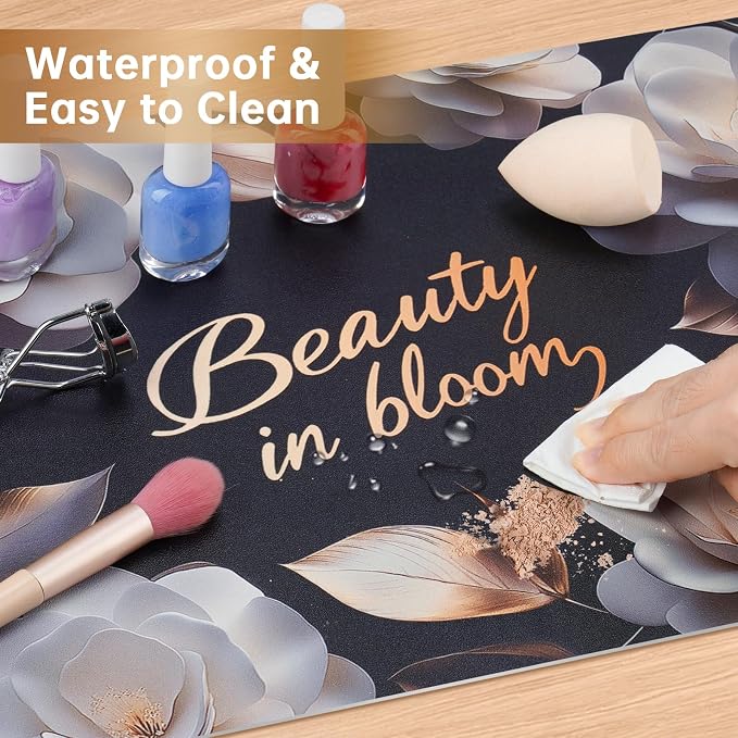 Dual-Sided Synthetic Leather Decorative Makeup Mat for Crafting, Furniture Protection, Scratch & Stain Resistant Surface Desk Pad, Waterproof Easy to Clean Vanity Protector (White Camellia)