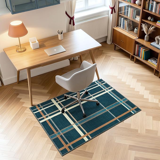 Terrug Plaid Area Rug for Entryway, Blue 2x3 Small Checkered Rugs Washable with Non Slip for Kitchen, Soft Low Pile Abstract Carpet for Home Office Front Door Porch