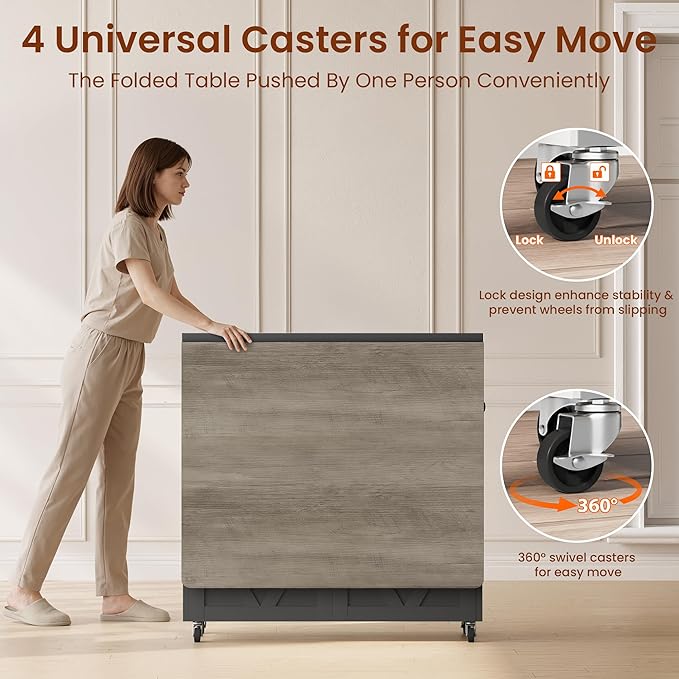 Jocoevol Folding Dining Table for Small Spaces, Space Saving Foldable Kitchen Table with Drawer & 2-Tier Storage Shelf, Rolling Expandable Dining Table with Wheels, Farmhouse, Grey