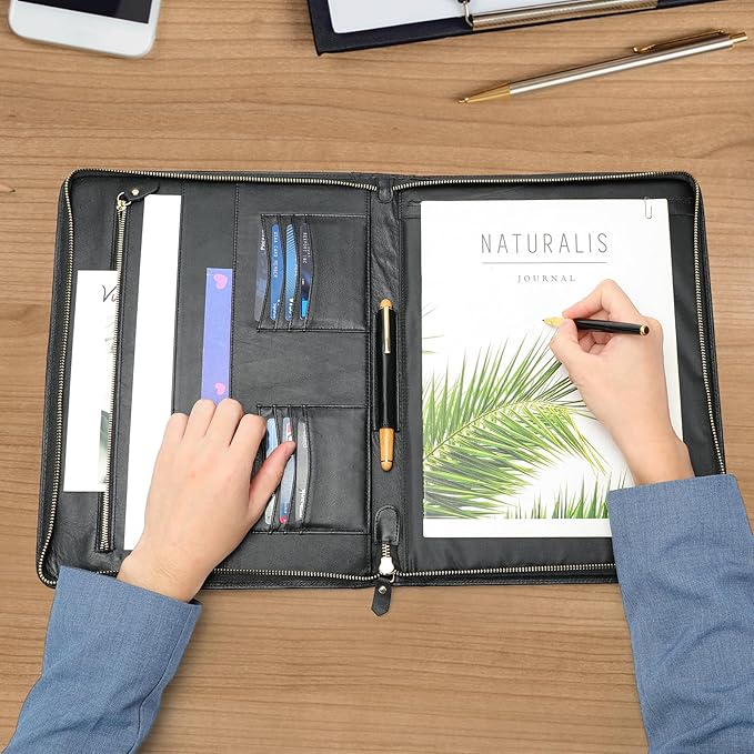 Genuine Leather Portfolio for Men Women Zipper Business Resume Padfolio Organizer Binder A4 Meeting Folder 13 inch black