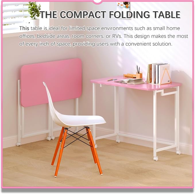 4NM 31.5" Mobile Small Rolling Computer Desk, Folding Laptop Cart Table with Wheels, Portable Office Desk for Small Space Couch Bed - Pink and White