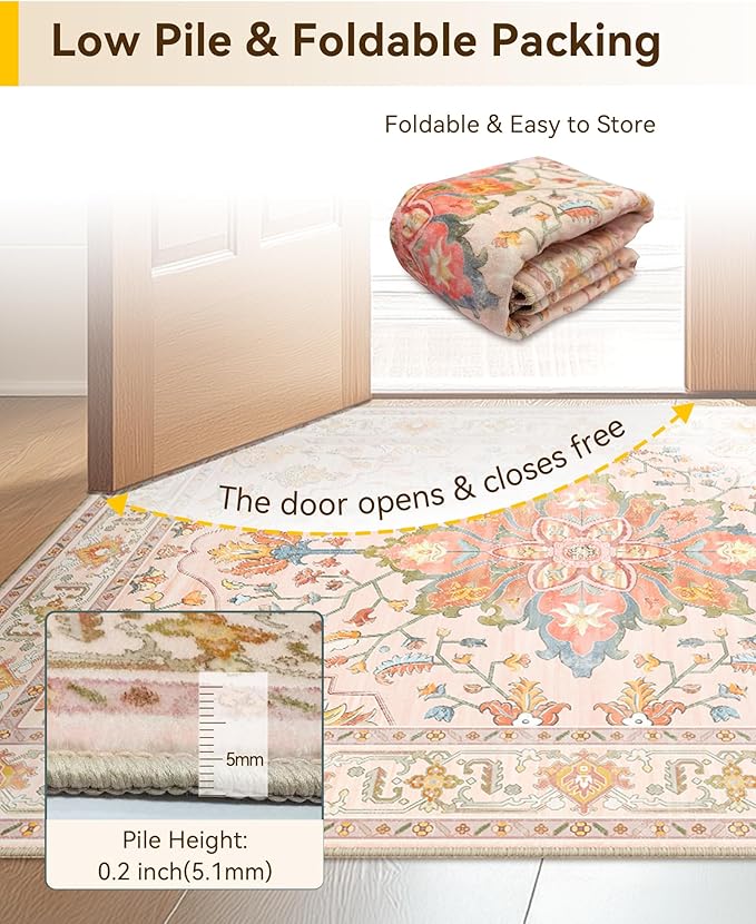 RELEANY Area Rugs 3'x5' Washable Non-Slip, Floral Vintage Distress Medallion Carpet for Living Room Bedroom Dining Room, Light Pink Colorful