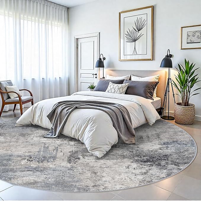 RUUGME Washable 9ft Round Area Rug - Living Room Large Abstract Area Rug Soft Indoor Low Pile Carpet for Bedroom, Dining Room Non-Slip Backing Stain Resistant Distressed Decor Washable Mat 9ft Blue