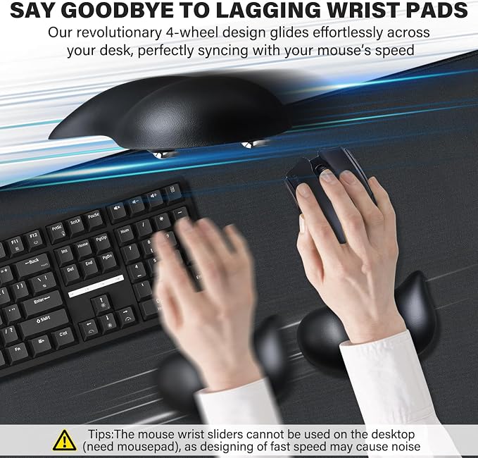 JIKIOU Ergonomic Gliding Palm Rests, Gel Mouse Wrist with Leather Surface, Sliding Wrist Pad with 4 Smooth Scroll Wheel, Fast Mouse Wrist Glider Designed for Office Computer Home Gaming, 2 Pack Black