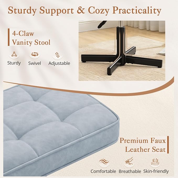 LUE BONA Adjustable Vanity Stool, 15''-19.5'' Foot Rest Under Desk, 360° Swivel Vanity Chair for Makeup Room, Blue Upholstered Faux Leather Ottoman for Bathroom & Living Room, 300lbs