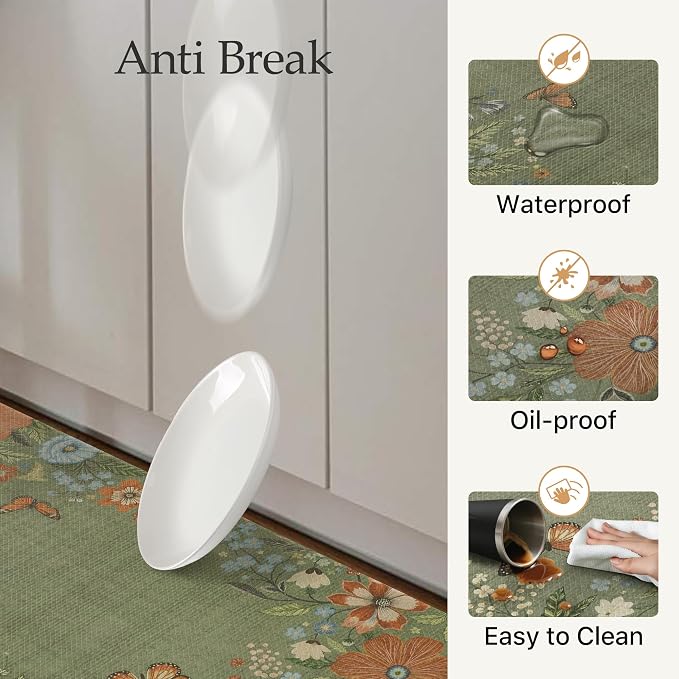 GENIMO Anti Fatigue Kitchen Mats for Floor 2PCS, Cushioned Standing Mats | 17.3"x59"&17.3"x30", Natural Green vintage floral rug set, waterproof, non slip, easy-clean for farmhouse