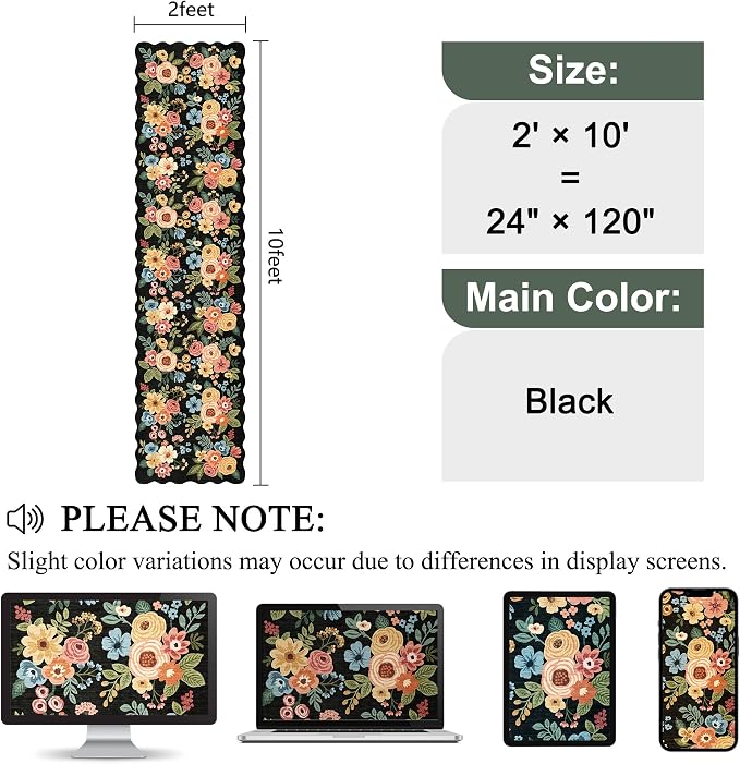 DUKINO 2x10 Runner Rug for Hallway, Washable Kitchen Rug with Non Slip Backing & Non-Shediing, Soft Low Pile Floral Design Runner for Bedroom, Kithchen, Living Room, Laundry, Bathroom, Black